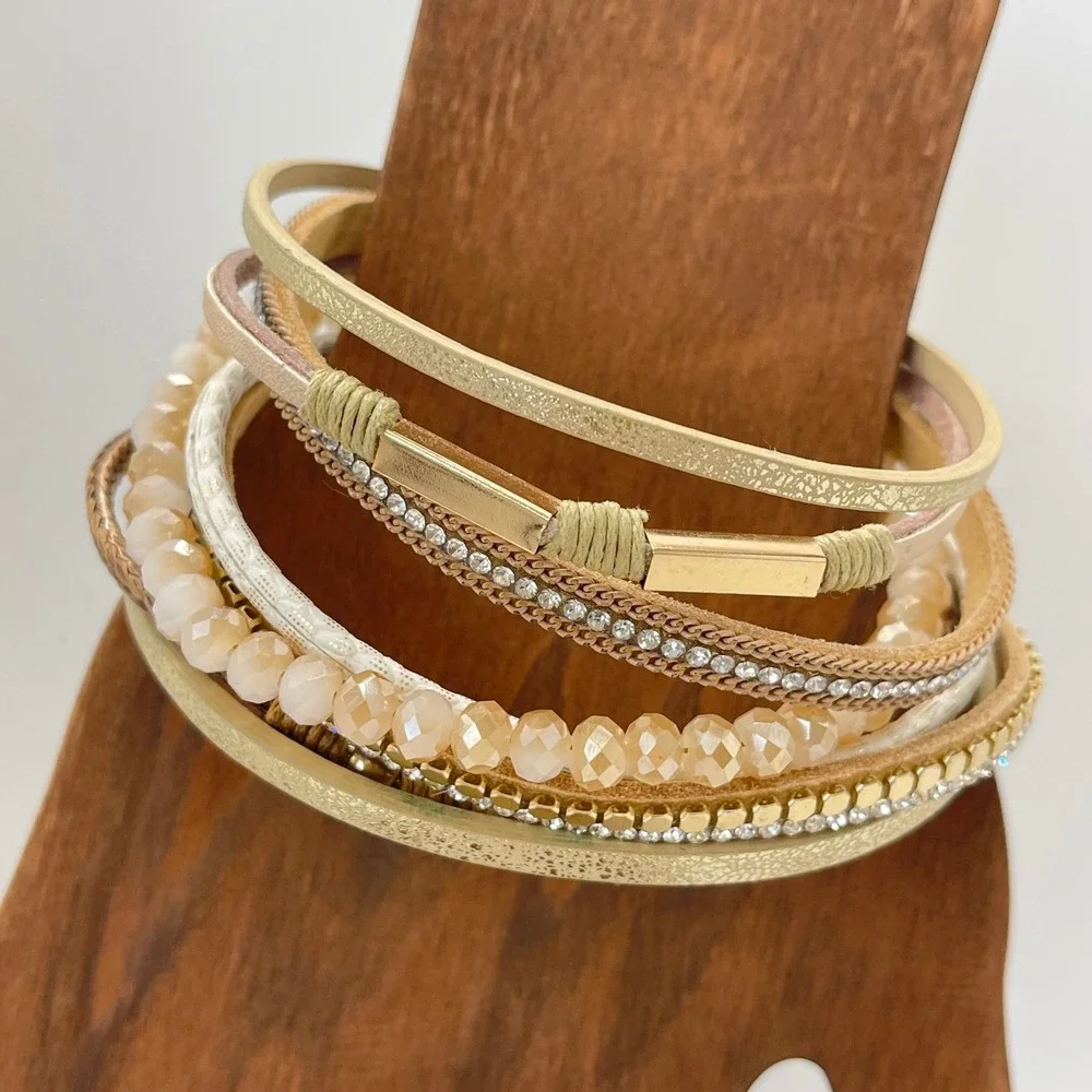 Boho Multi Strand Layered Magnetic Clasp Bracelet Gold Rhinestone Beaded Neutral
